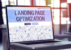 Landing Page Optimization Concept Closeup on Landing Page of Laptop Screen in Modern Office