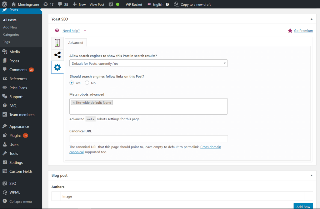 Using Yoast SEO's advanced settings to ensure search engine visibility and check if the WP post is indexable
