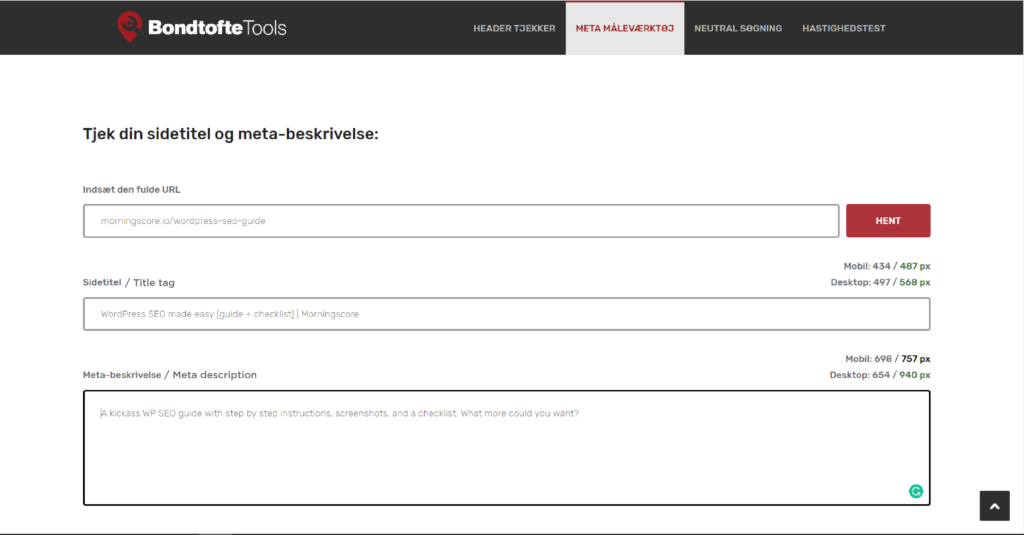 Using the Metatjekker tool to optimize the pixel length of the title tag and meta description