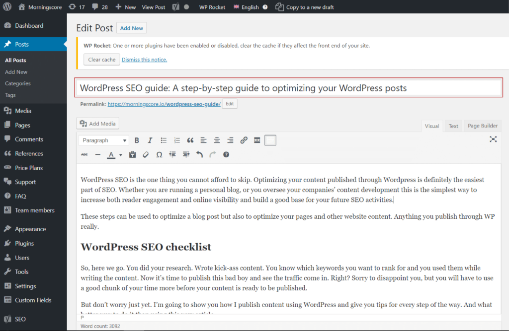 An example of a WordPress post title that has been optimized for search engines