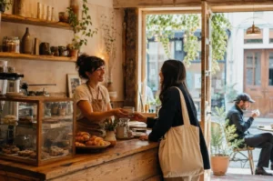 Small independent shop welcoming a customer at the counter