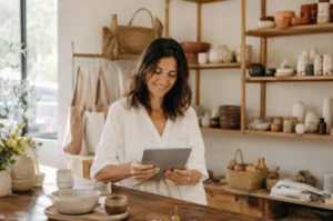 Small business owner planning marketing strategy on a tablet