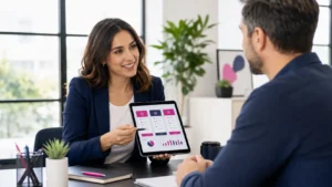 PPC agency consultant presenting Google Ads management pricing, campaign performance reports, and account strategy to a business owner during a PPC consultation.