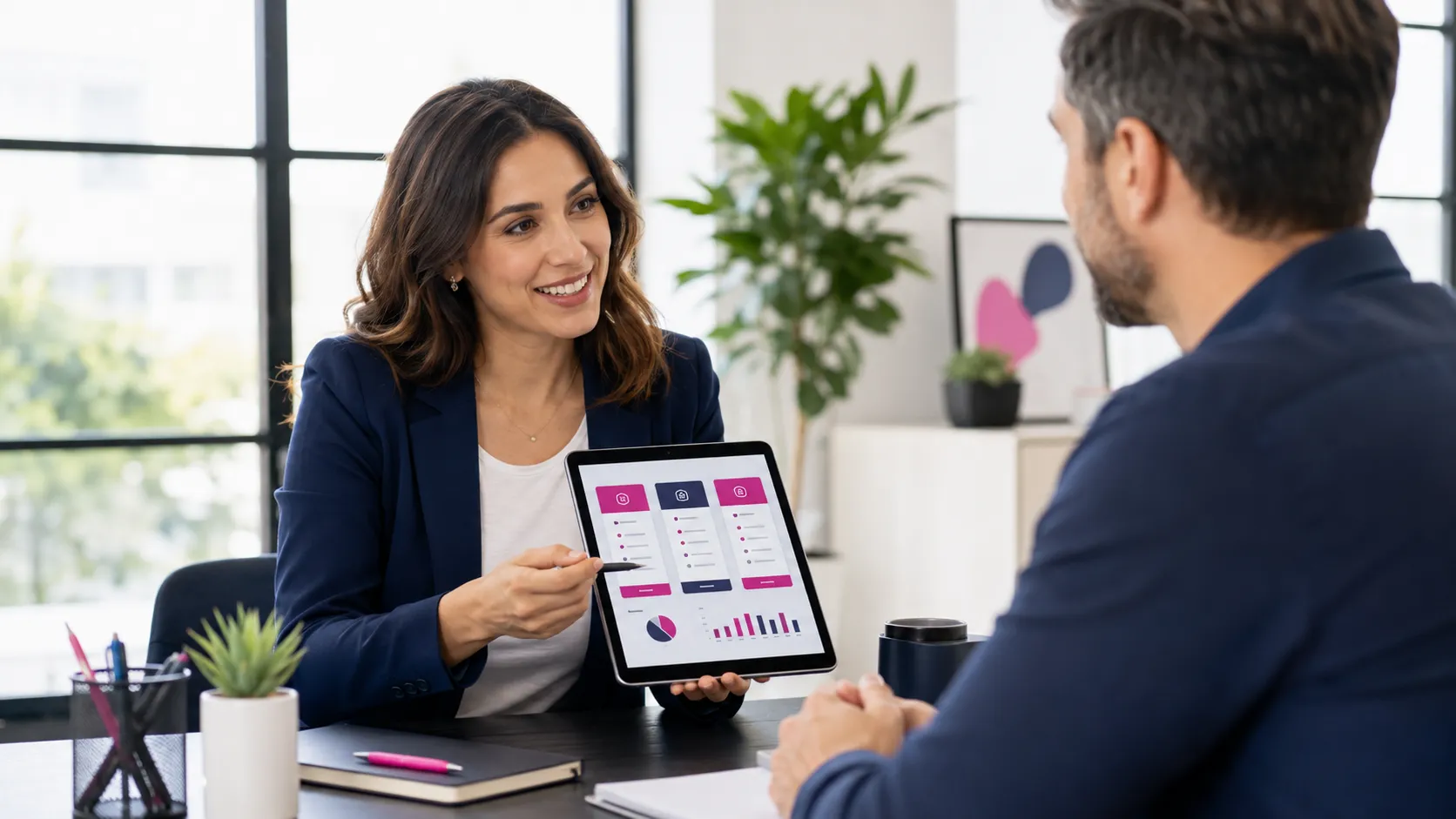 PPC agency consultant presenting Google Ads management pricing, campaign performance reports, and account strategy to a business owner during a PPC consultation.