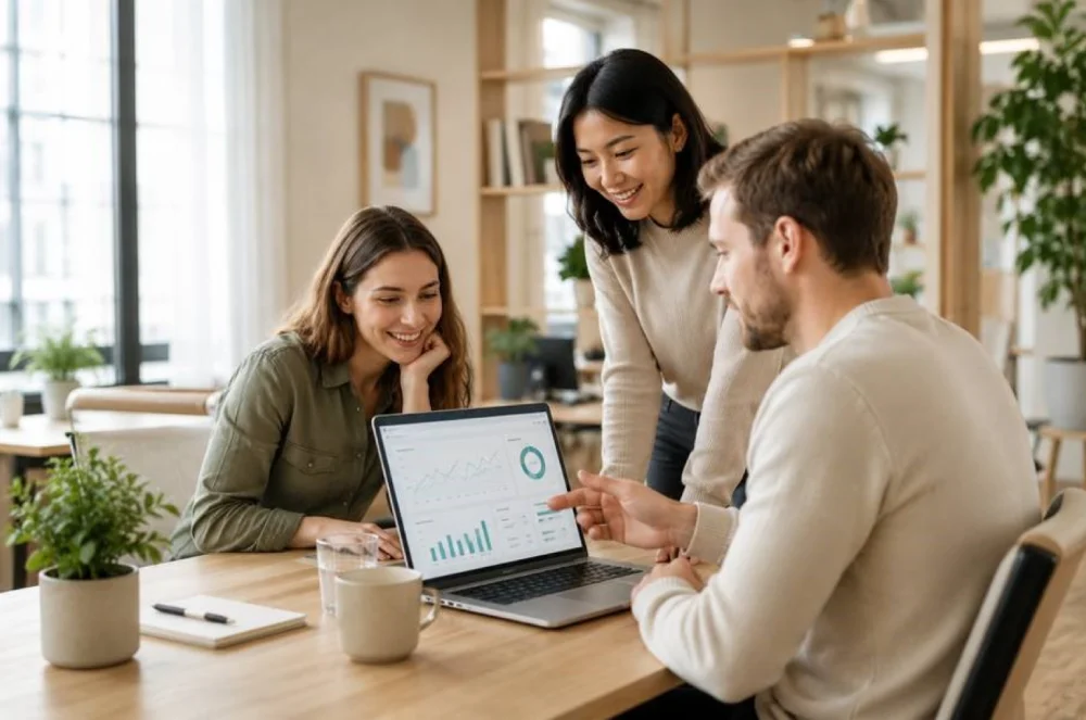 Small team reviewing customer acquisition data together on a laptop