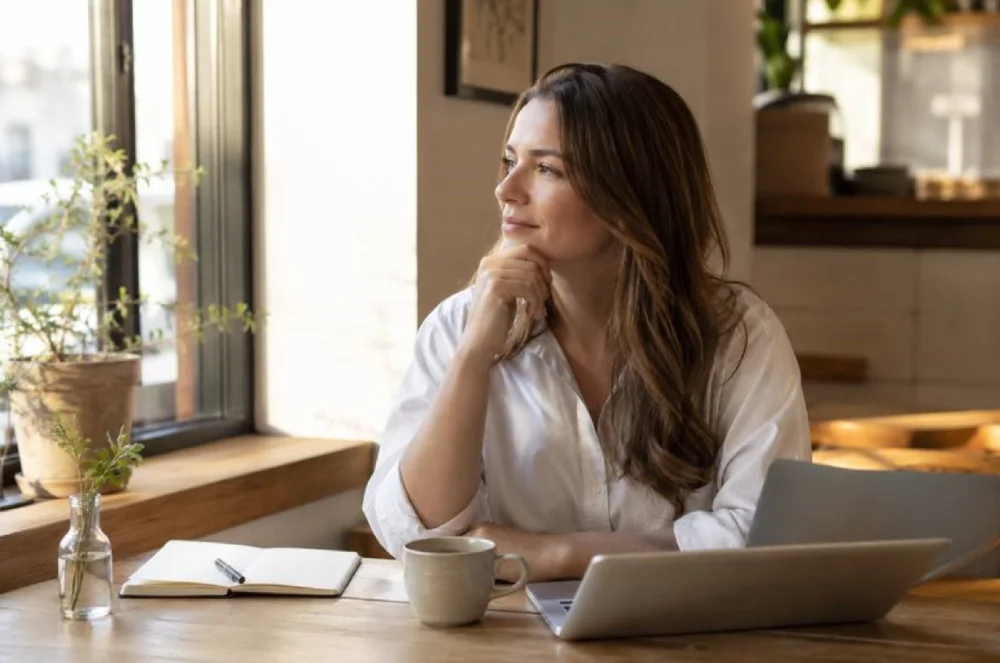 Small business owner calmly reviewing business performance with a notebook and coffee