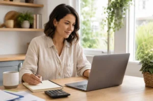Small business owner reviewing marketing budget on a laptop with a notebook and calculator