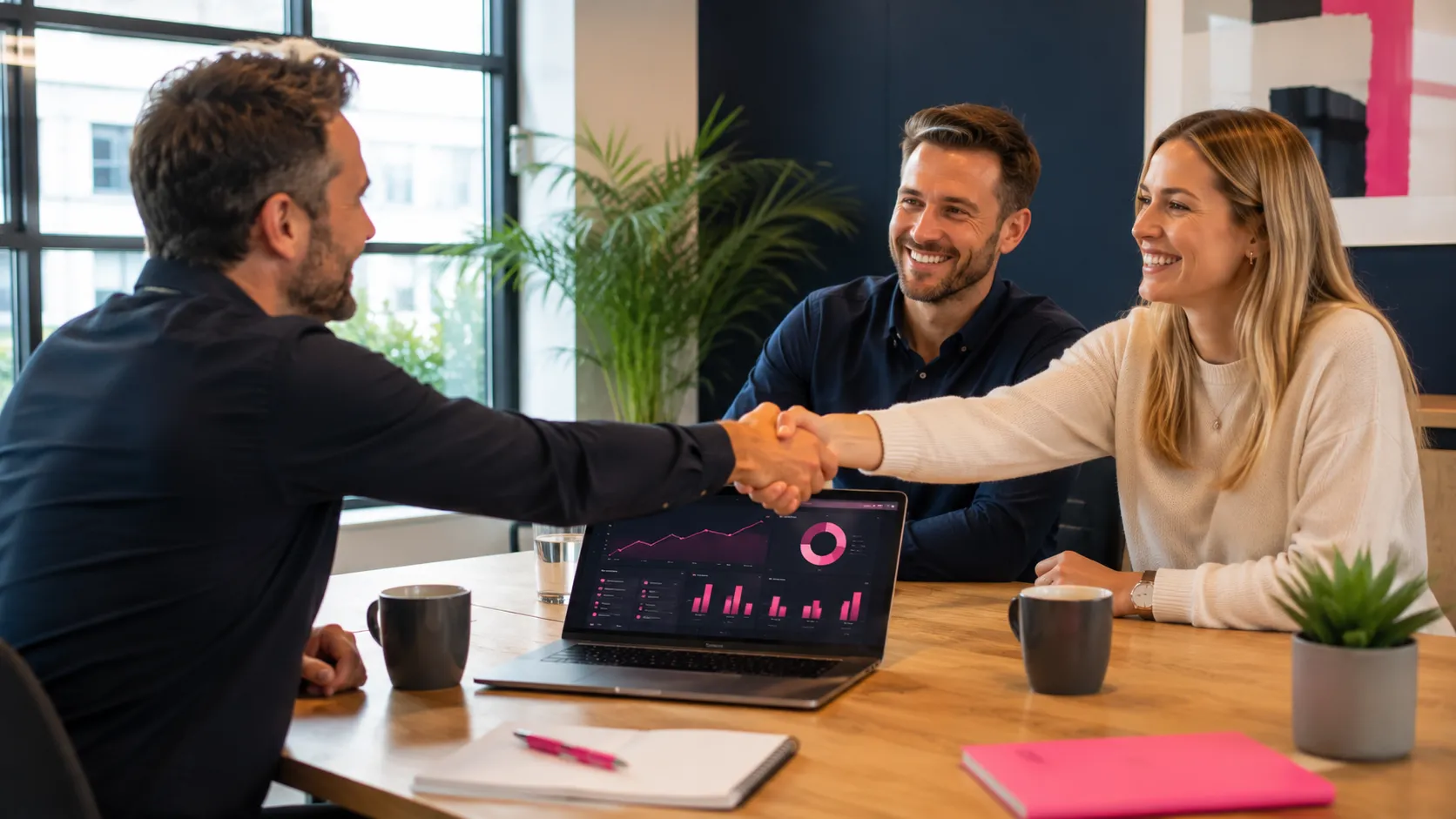Business owners meeting with a Google Ads agency, reviewing PPC campaign performance and analytics before choosing a PPC management partner to improve leads and return on investment.
