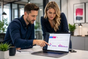 Two digital marketing professionals reviewing a Google Ads performance dashboard on a laptop during a PPC account audit, analysing campaign metrics, keyword performance, conversions, and budget optimisation.