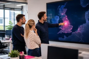 Marketing team reviewing a UK map to plan local and national SEO strategy across different regions.