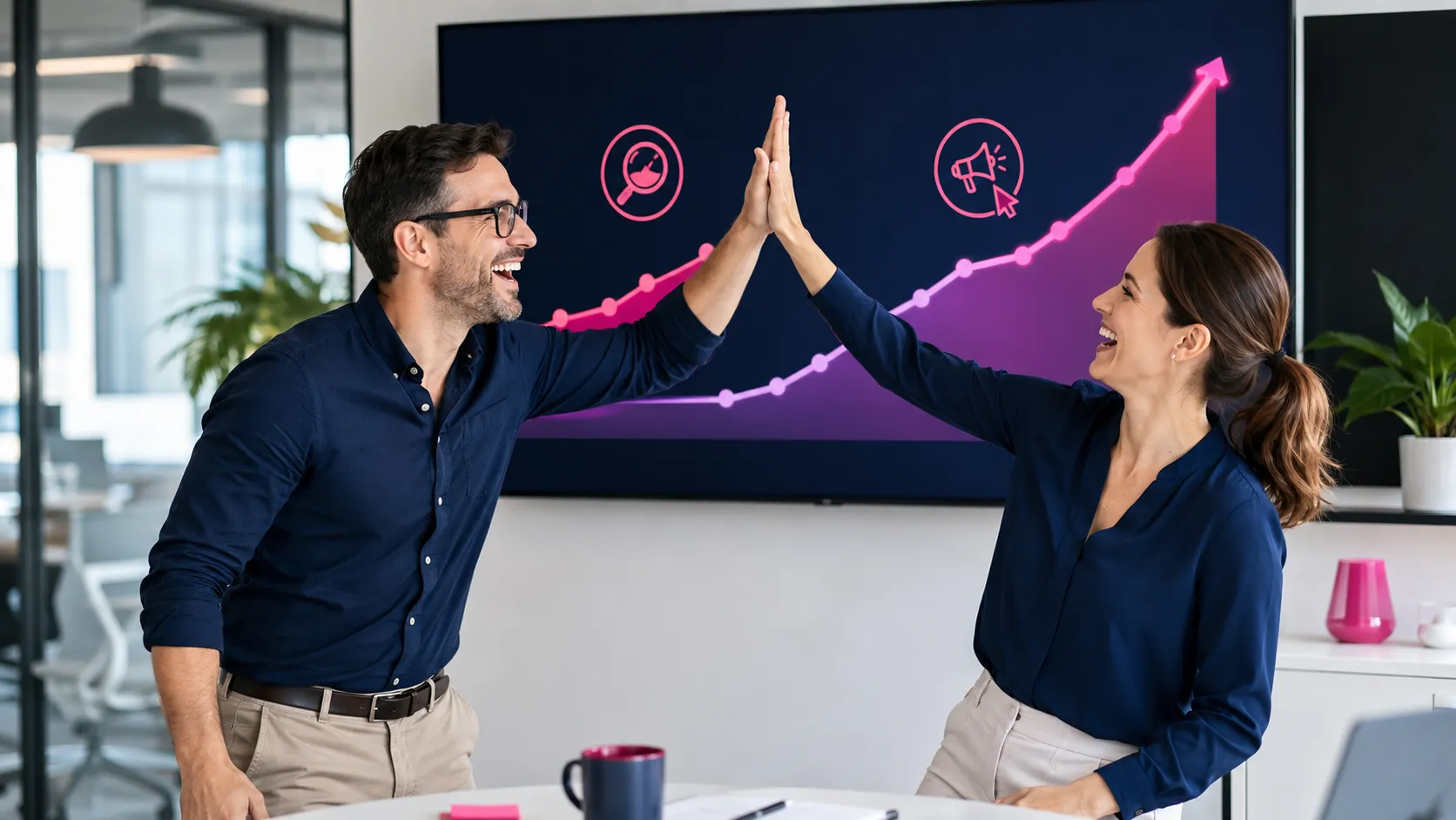 SEO and PPC specialists celebrating improved search performance after reviewing campaign growth results.