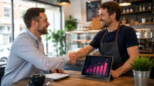 Small business owner meeting with an SEO consultant to discuss website growth and return on investment.